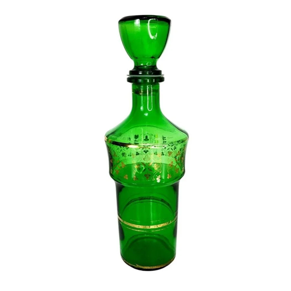 VTG MCM 60s JAY Emerald Green Glass Barware Liqueur Decanter 24kt Gold Clovers
